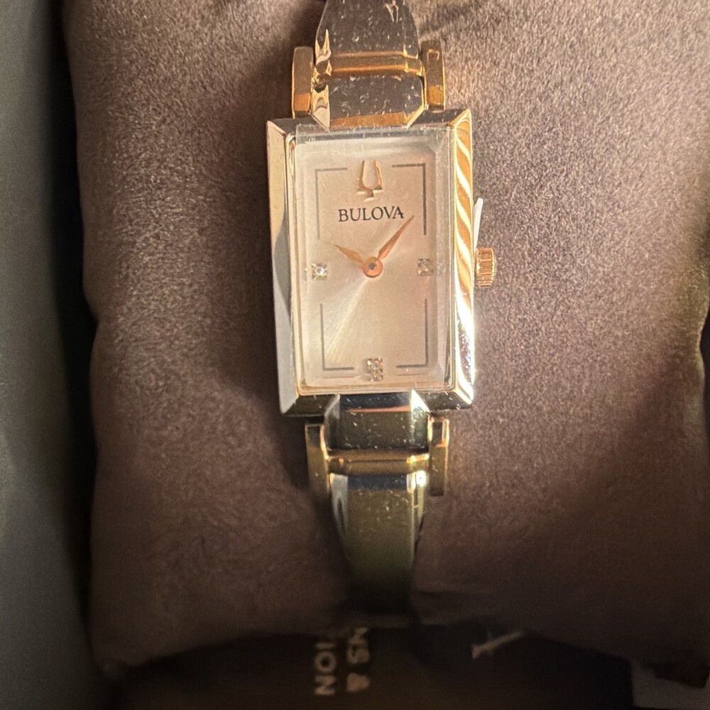 Bulova Women's Silver/Gold Tone Rectangular Quartz Watch Silver Dial Box 98P229